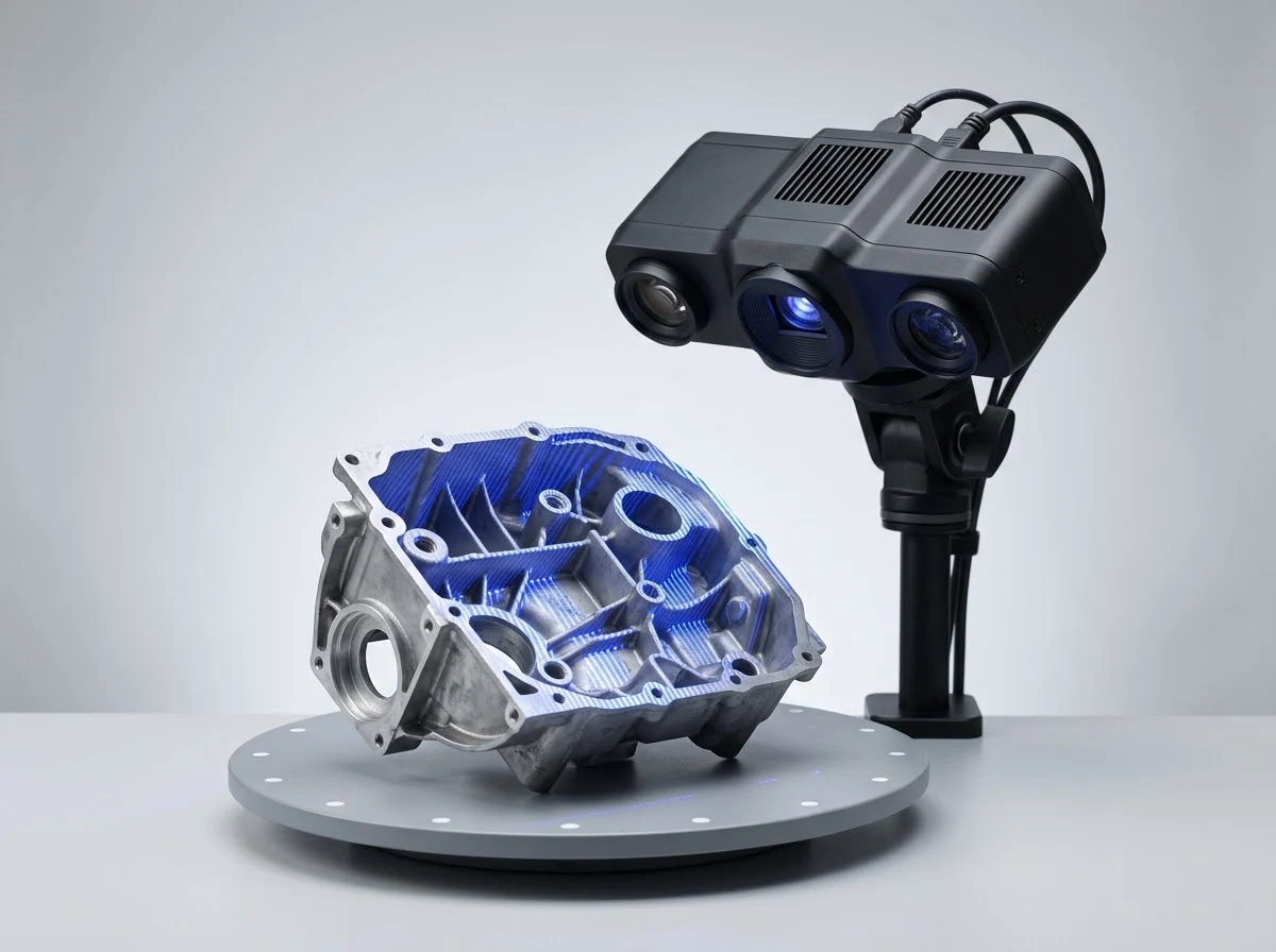 青い縞模様の光を当てて、回転台に載せたアルミダイカストの部品を3Dスキャナで測っている